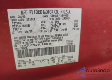 2001 Ford Explorer Sport Trac из США, поврежденный, VIN 1FMZU67E01UA93169